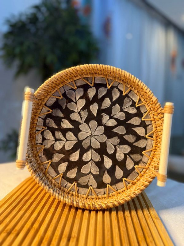 سینی حصیری راتان کف صدفی دسته دار