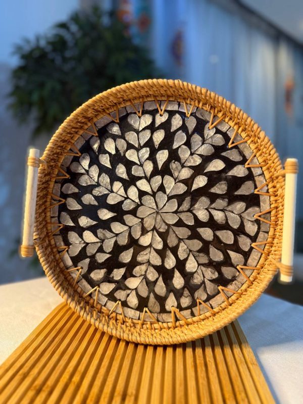 سینی حصیری راتان کف صدفی دسته دار