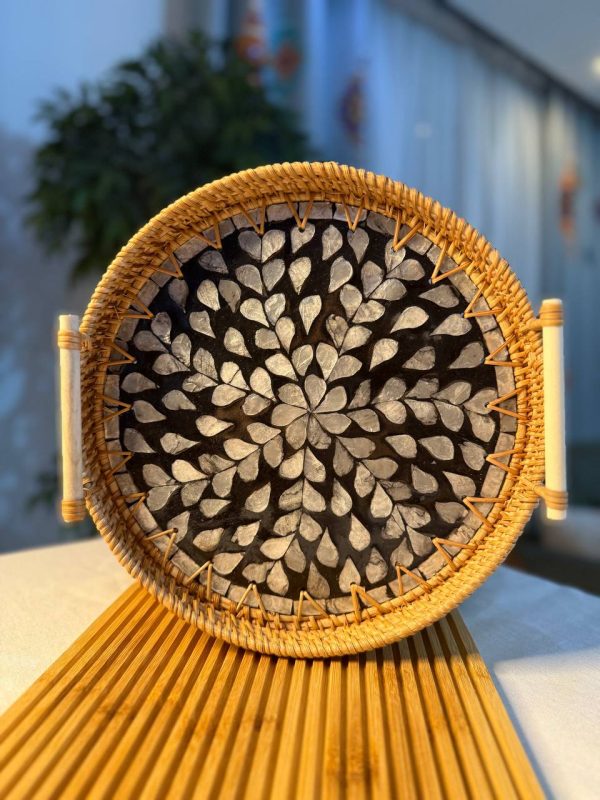 سینی حصیری راتان کف صدفی دسته دار